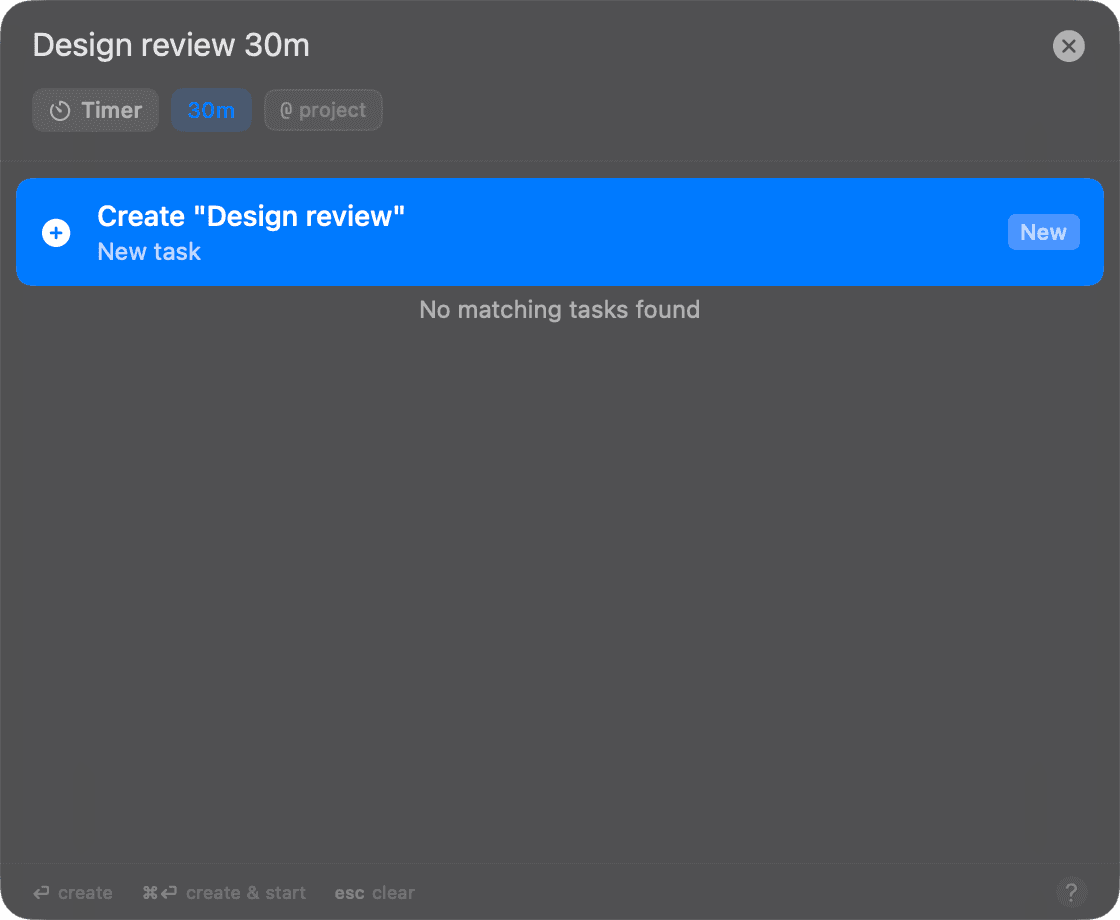 The command palette parsing "Design review 30m" — duration recognized as 30m