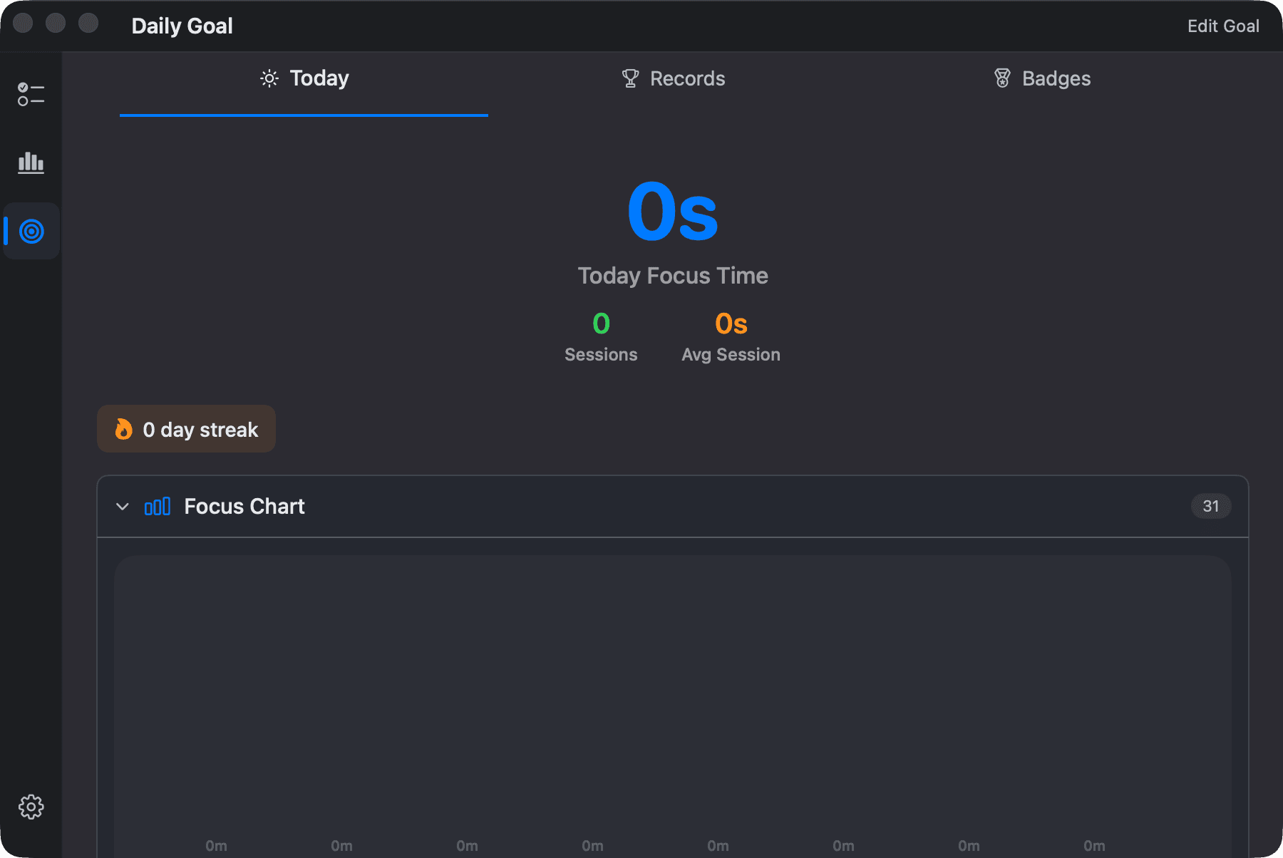The Daily Goal screen: Today / Records / Badges tabs, focus time, and streak