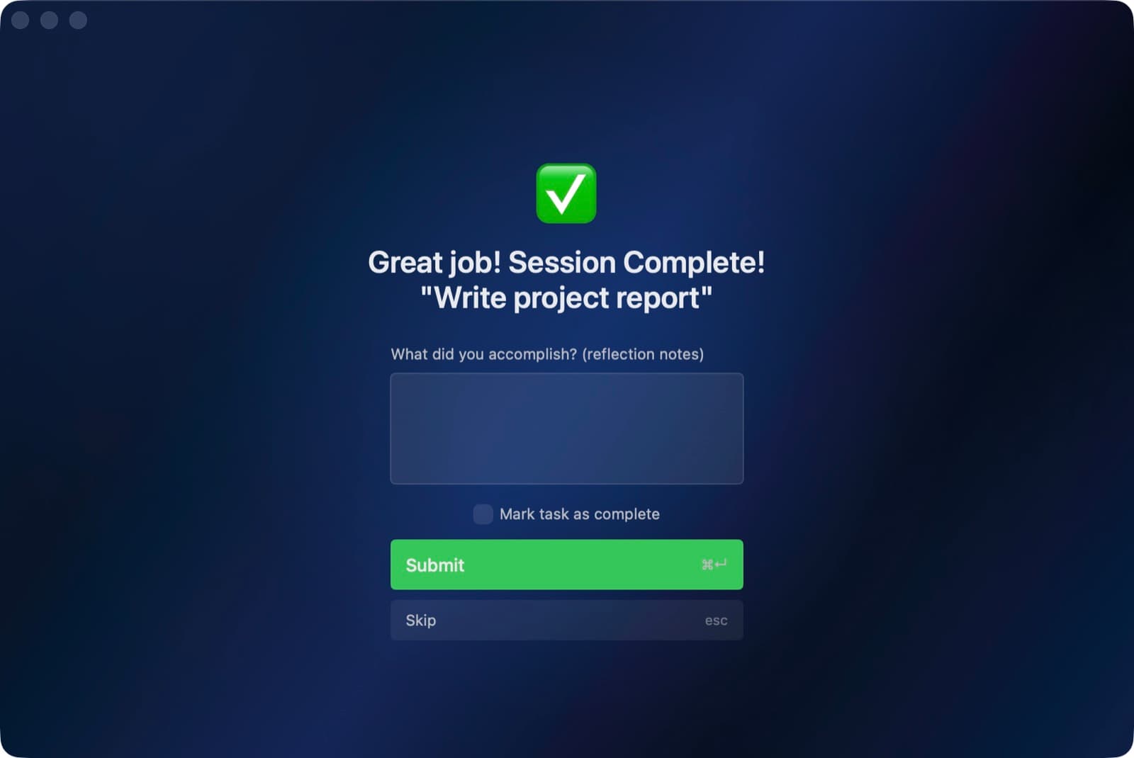 The session-complete screen with reflection notes