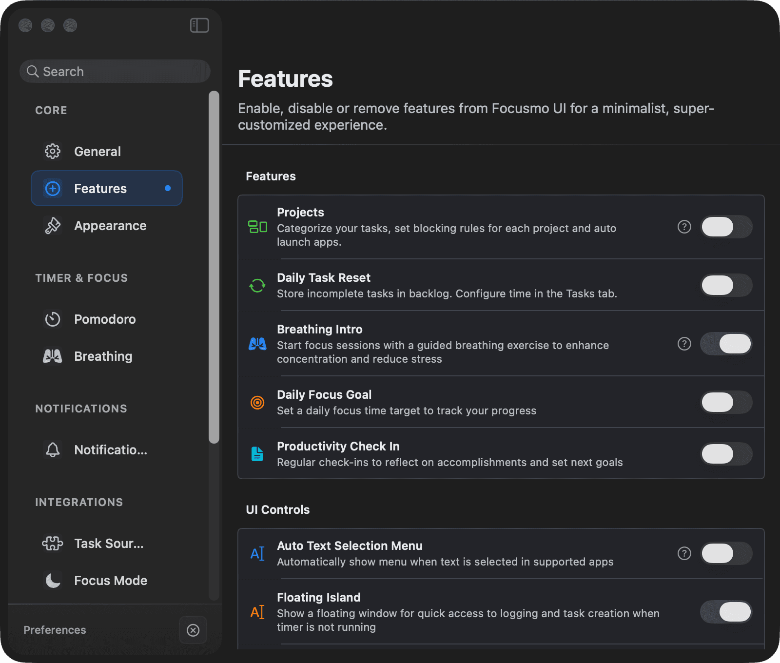 Settings → Features: the master feature list