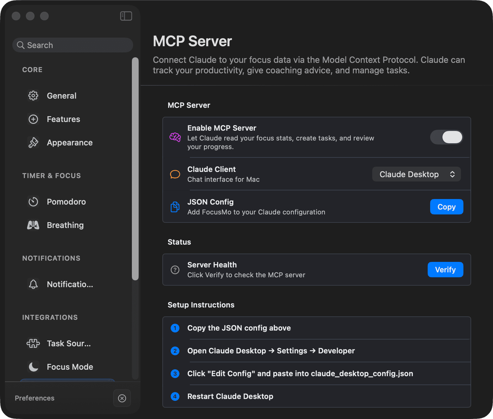 Settings → MCP Server: one-click setup for Claude