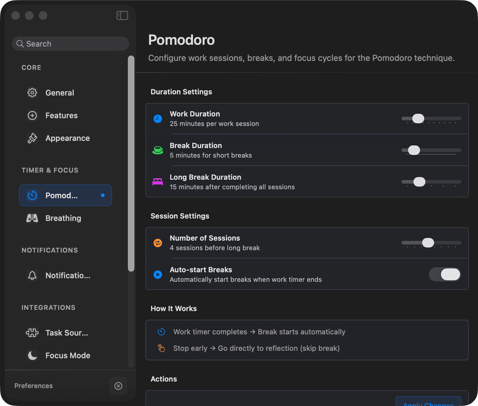 Settings → Pomodoro: durations, sessions, and auto-start breaks