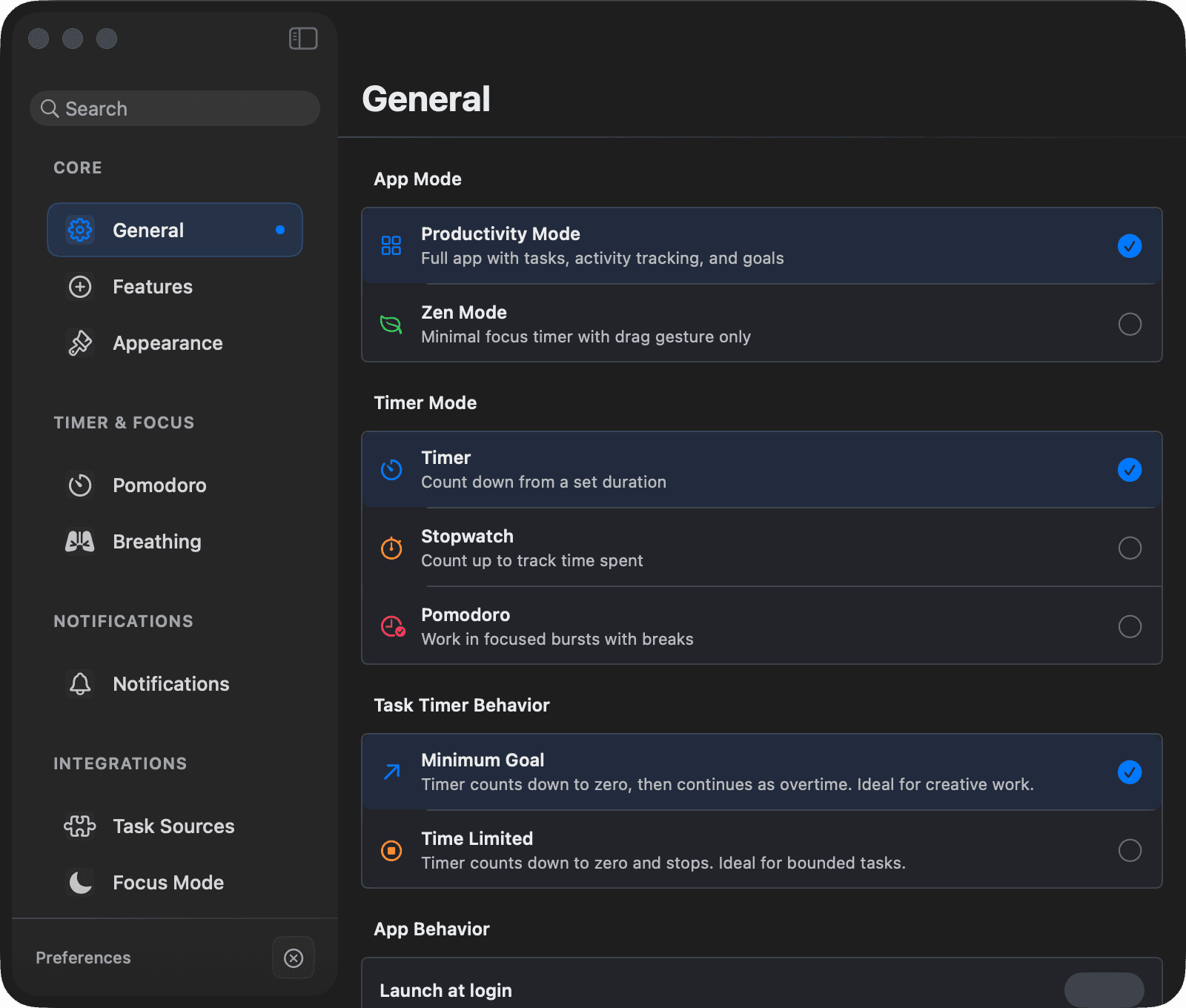 The Settings window on the General pane