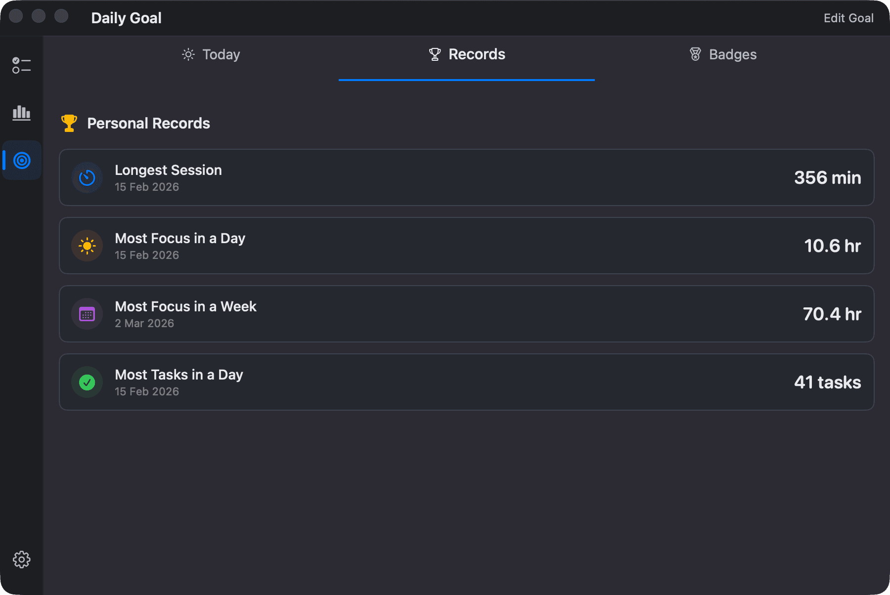 The Records tab with personal bests