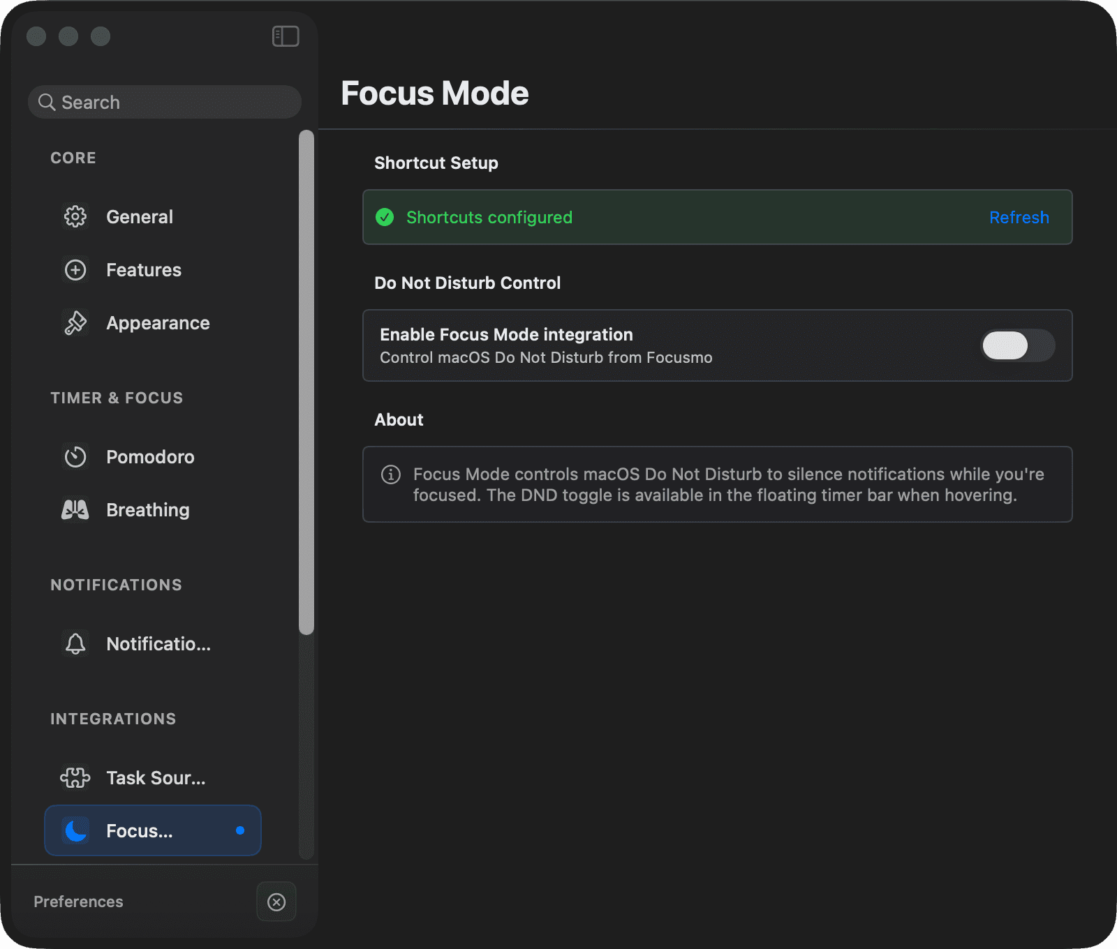 Settings → Focus Mode: the Do Not Disturb integration