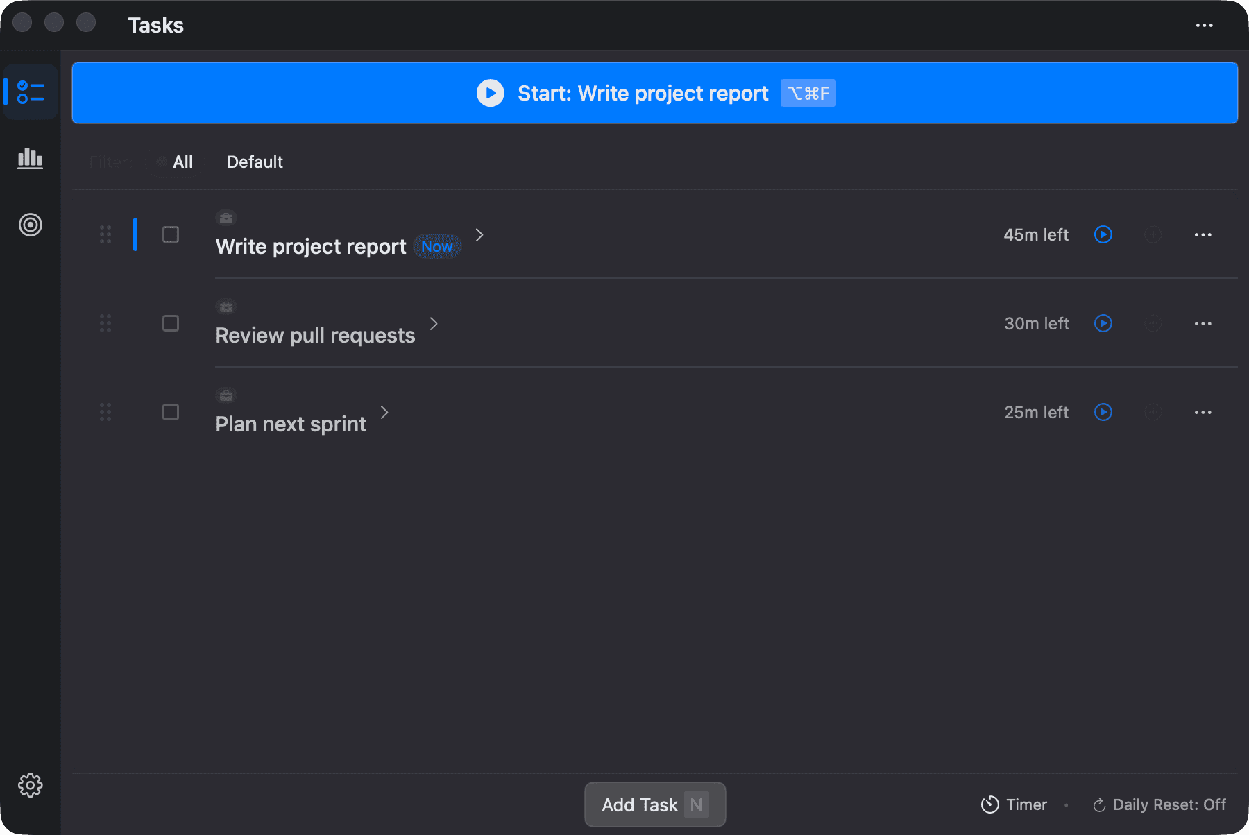 The Tasks list with three tasks and the Start button