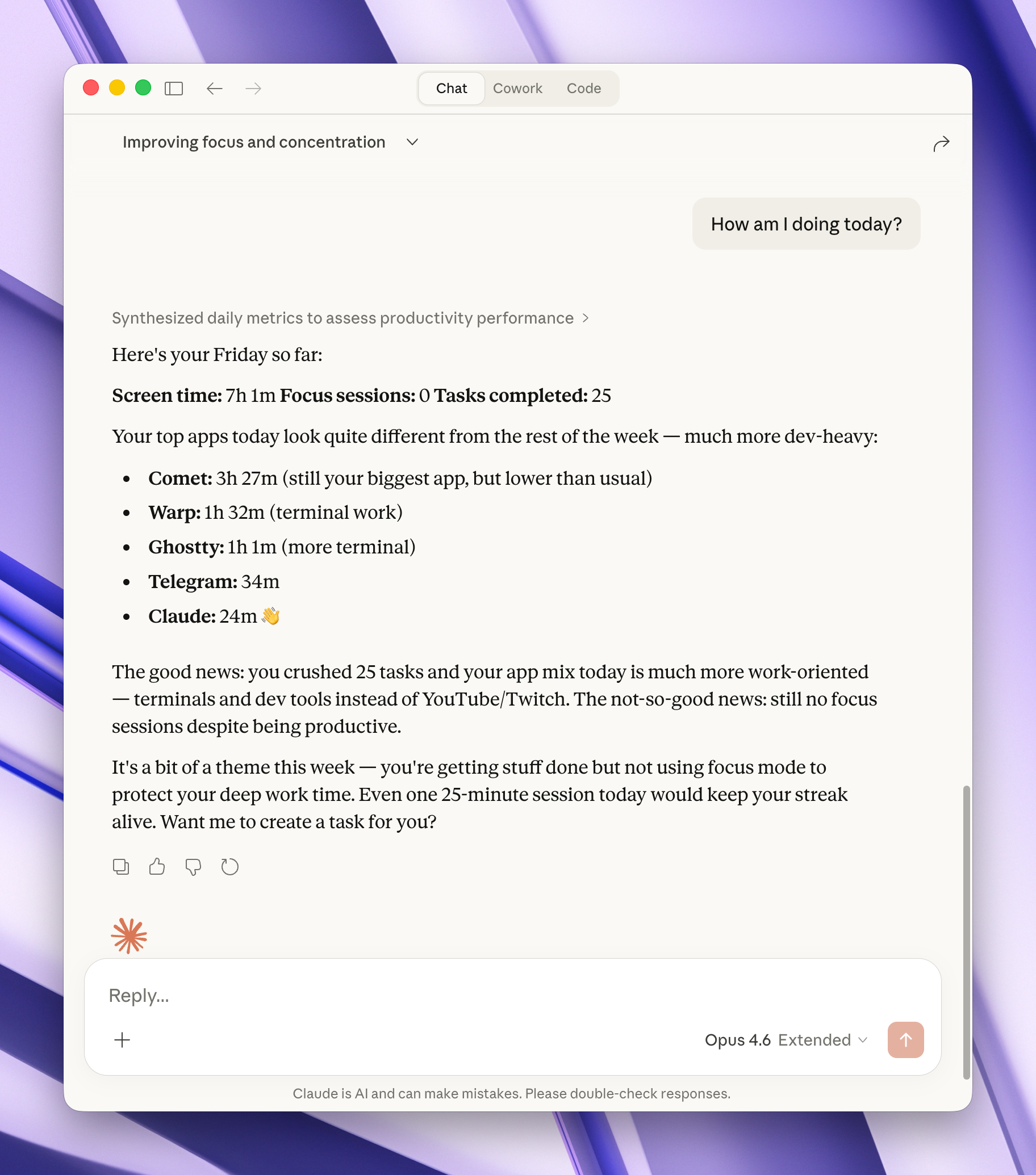 Claude responding to "How am I doing today?" with a detailed productivity breakdown