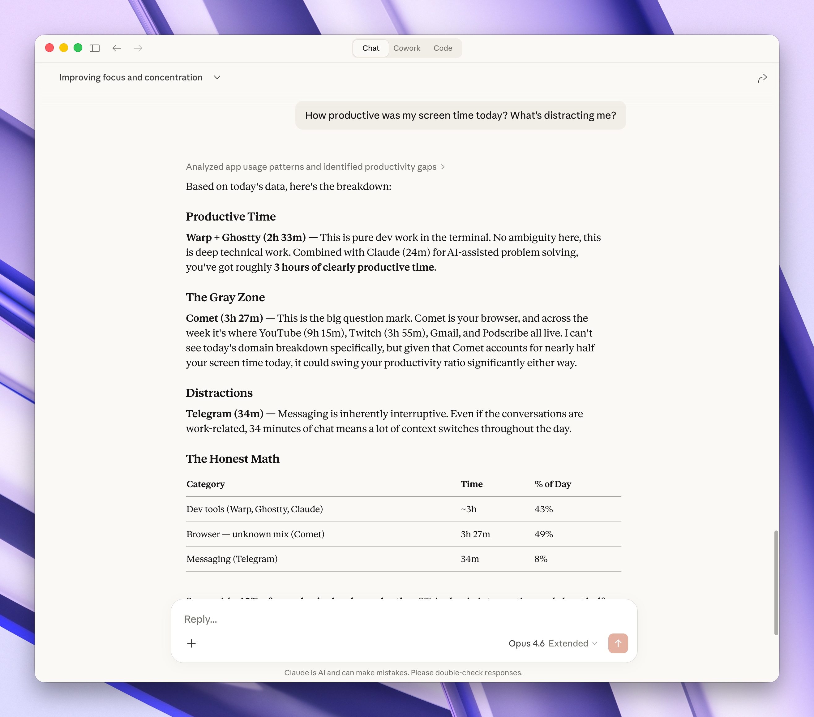 Claude breaking down screen time into productive, gray zone, and distracting categories