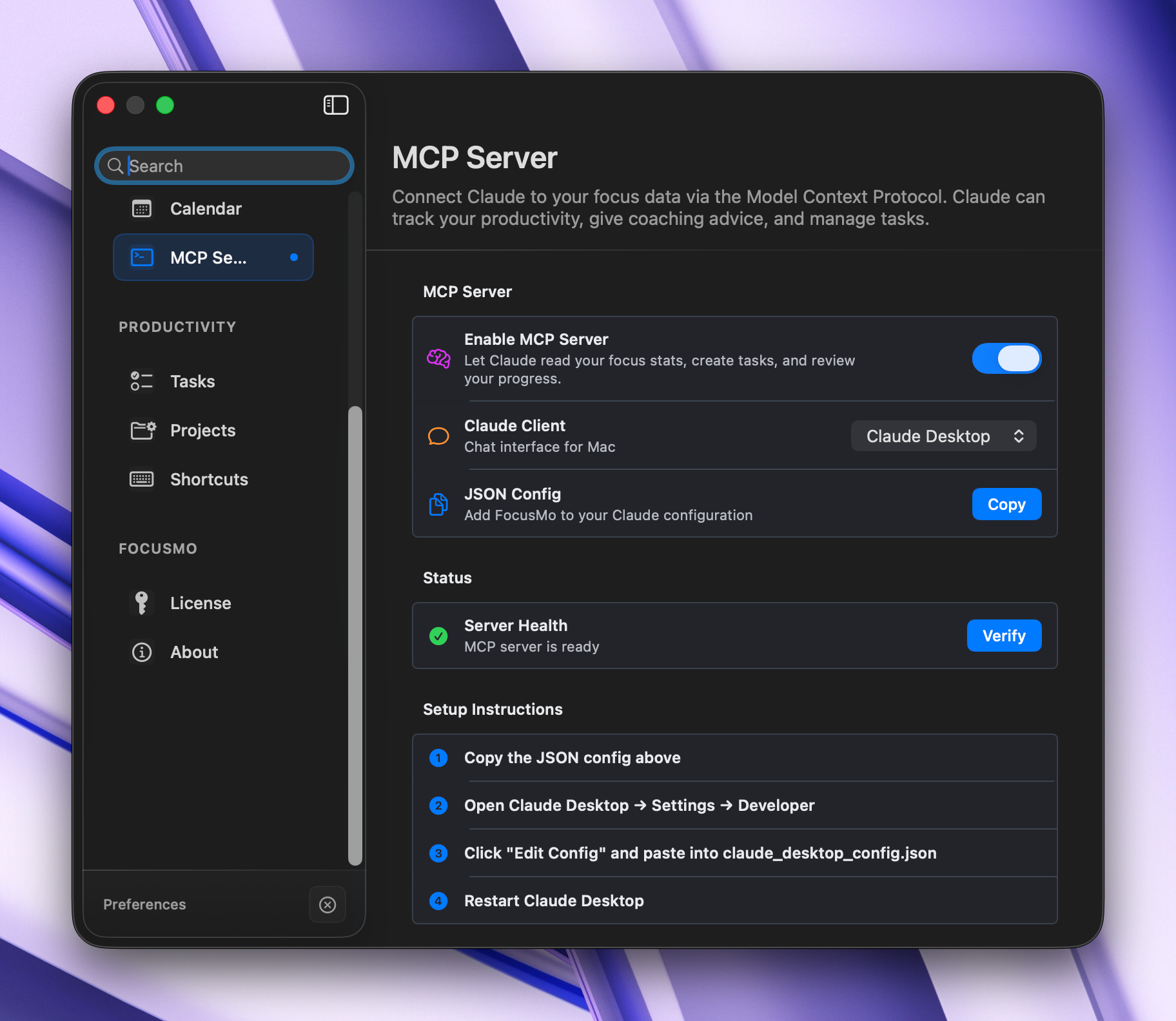 FocusMo MCP Server settings with health check and setup instructions