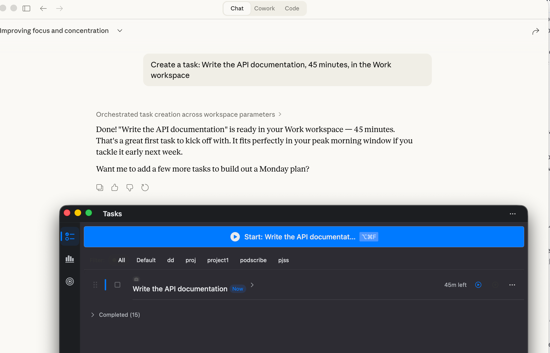 Claude creating a task that instantly appears in FocusMo