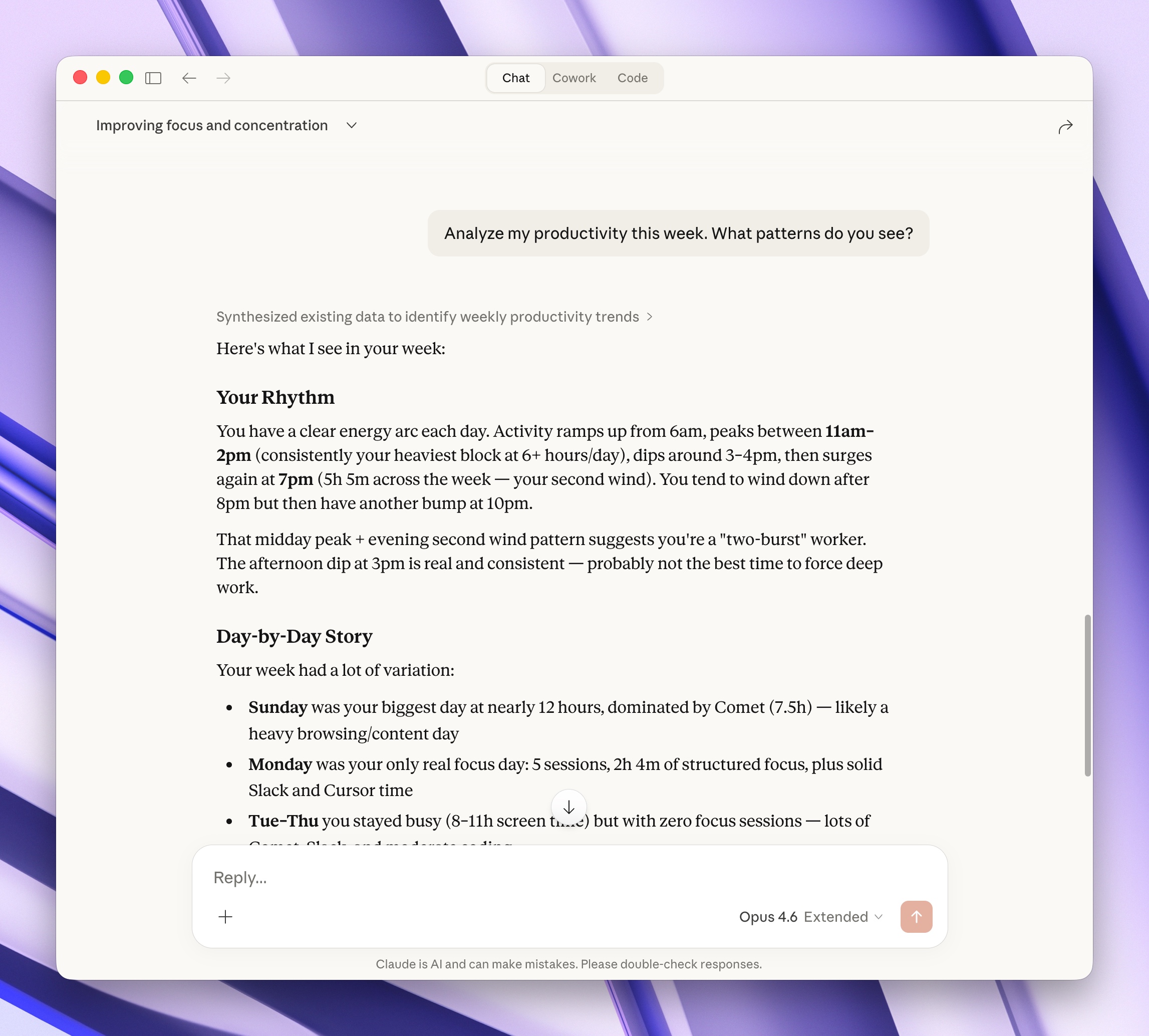 Claude analyzing weekly productivity patterns with rhythm and day-by-day breakdown