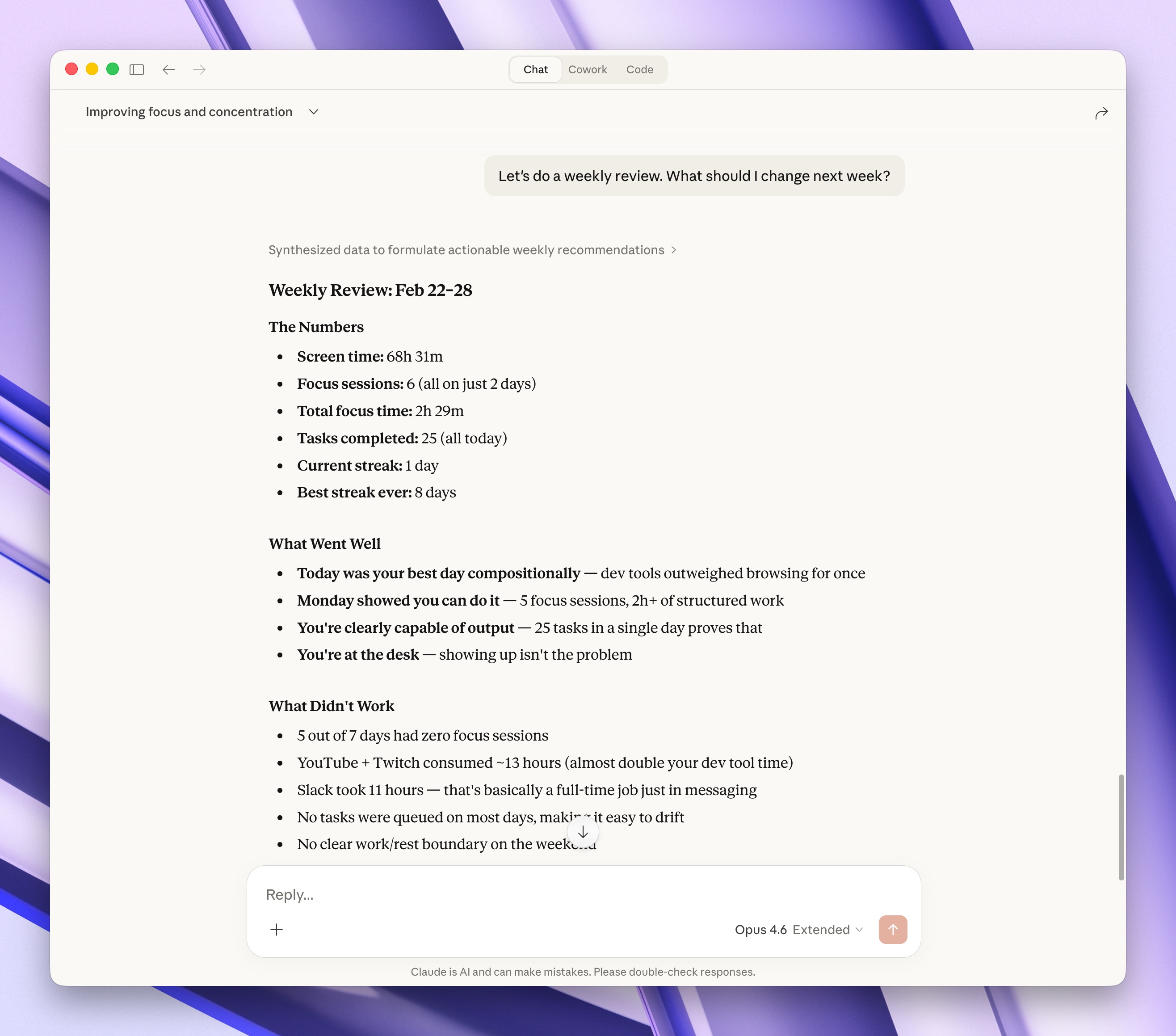 Claude performing a weekly review with numbers, wins, and areas to improve